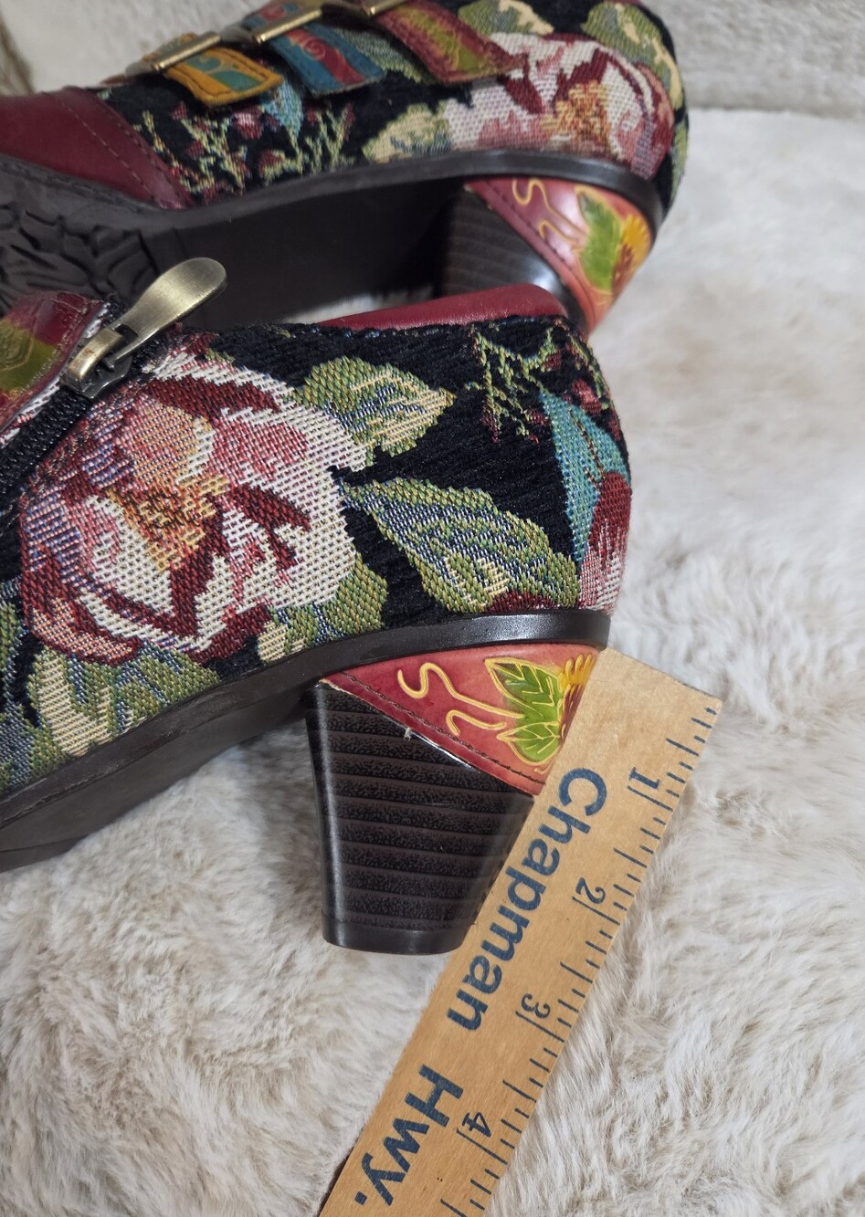 Socofy Multicolor Floral Strap Block Heel Shoes Burgundy Accent. Sz 39 Or 81/2 - Picture 11 of 13